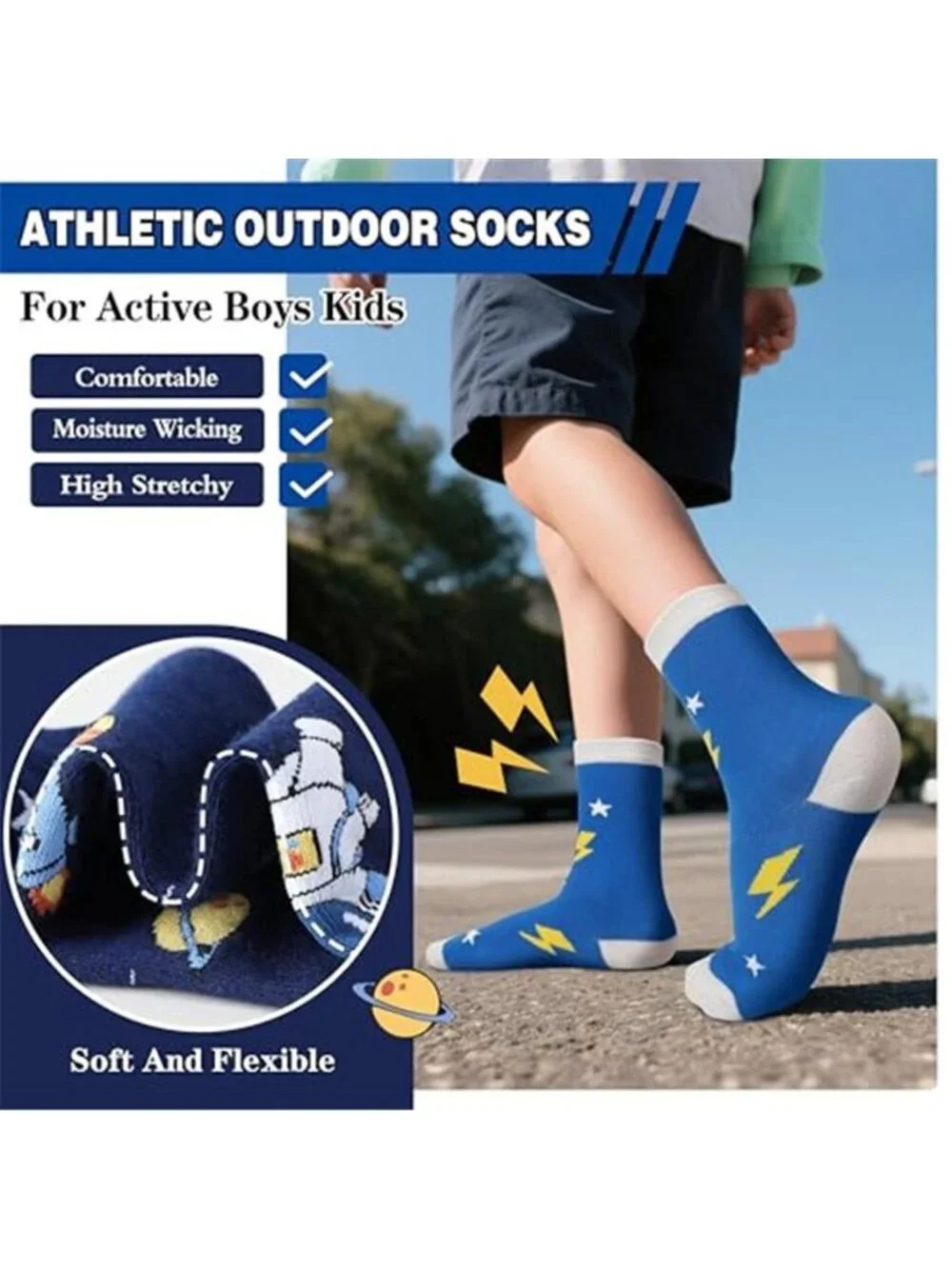 6 Pairs Kids Boys Fun Cotton Crew Socks Funny Crazy Cartoon Novelty Space